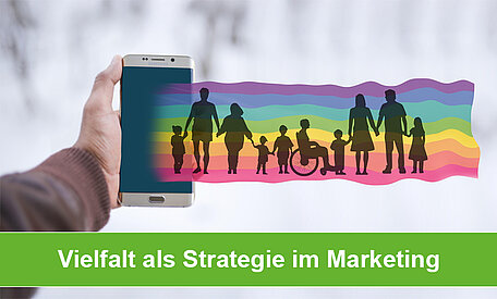 Eine Person hält mit der linken Hand ein Handy, aus dem ein Regenbogen mit Familien herausstrahlt